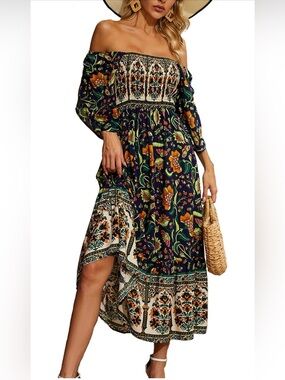 Off-Shoulder Floral Boho Midi Dress in Green